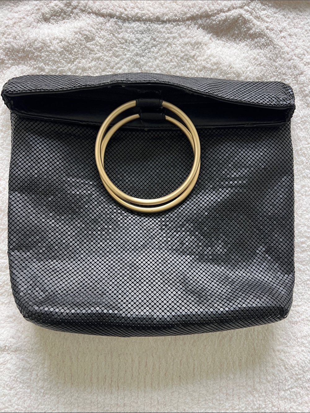 Whiting & Davis Black Textured Clutch with Gold Double Hoop Handle